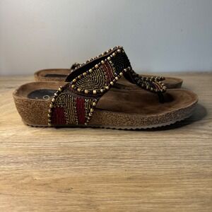 Azura Sandals Beaded T-Strap Wedge EU 39 US 8.5 Tribal Bohemian Red Black Summer